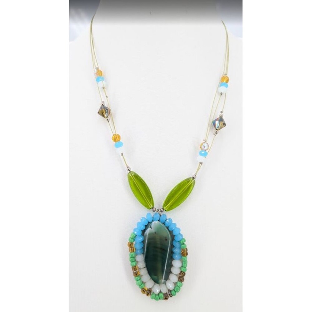 Pendant Necklace Green Glass Beads Dark Green Stone 3 Strand Oval Boho 24 Inch